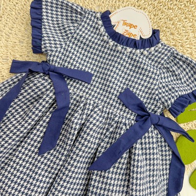 Vestido Pied de Poule com Pérolas - Azul Marinho